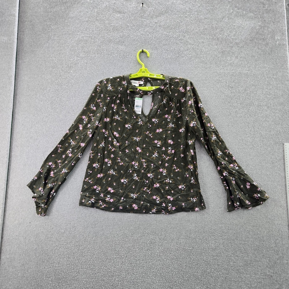 Bongo Junior Blouse M Olive Floral Woven Round Neck Bell Sleeve NWT